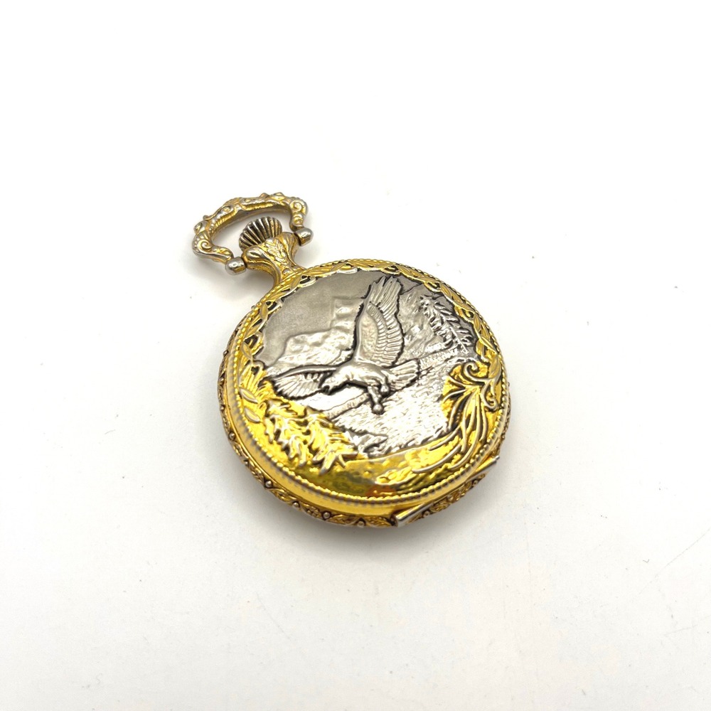Armitron Two Tone Eagle Pocket Watch Roman Numeral Quartz Hunter Case Vintage
